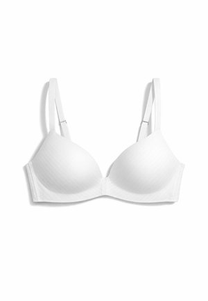White padded bra with adjustable straps, underwire support, and smooth cup design on a plain white background.