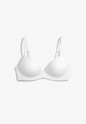 White padded bra with adjustable straps, underwire support, and smooth cup design on a plain white background.