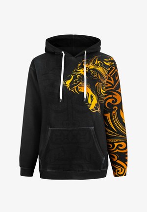 Mustapaita, jossa on etutasku, jossa on suuri oranssi leijonan grafiikka ja monimutkaisia kuvioita oikeassa hihassa. Puuvillasekoitekangas.