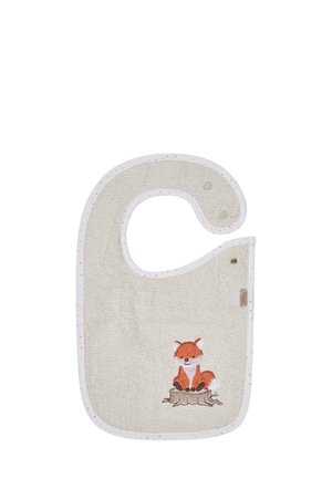 Light beige terry cloth bib with a rounded neckline, white speckled trim, and an embroidered orange fox sitting on a log design.