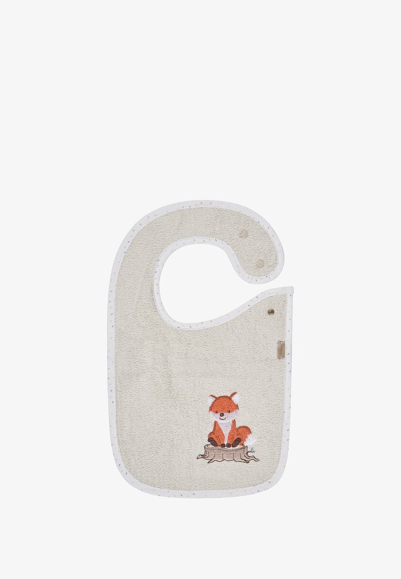 Helle beige Frottee-Latzschürze mit rundem Ausschnitt, weiß gepunktetem Saum und einem gestickten orangefarbenen Fuchs, der auf einem Baumstamm sitzt.