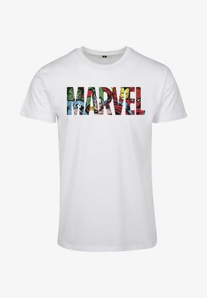 Schwarzes Baumwoll-T-Shirt mit einem grafischen Design des Wortes "MARVEL" im mehrfarbigen Comic-Stil, das verschiedene Superheldenfiguren zeigt.