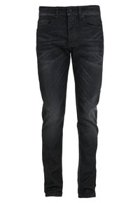 Černé slim fit džíny s mírným bělením na předních stehnech, pět kapes, zapínání na knoflík a zip, vystavené na bílém pozadí.