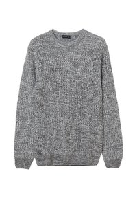 Maglione grigio lavorato a maglia con un motivo testurizzato, scollo rotondo, maniche lunghe e polsini e orlo a coste. Realizzato in tessuto morbido.