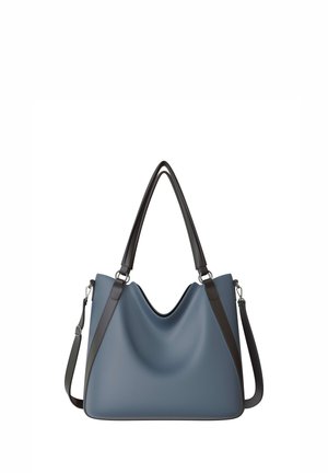 Blue leather handbag with black handles and detachable shoulder strap, featuring a soft, slouchy silhouette.