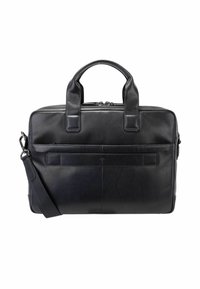 Schwarze Lederaktentasche mit zwei oberen Griffen, abnehmbarem Tragegurt, Reißverschluss, Außentasche und dezentem Markenlogo auf der Vorderseite.