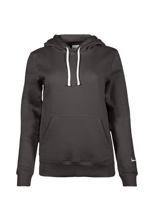 Sweat à capuche gris foncé avec cordons blancs, poche kangourou devant, poignets et ourlet côtelés, et petit logo sur la manche gauche.