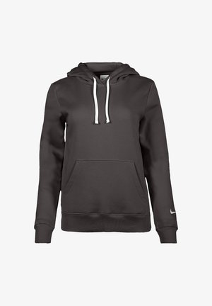 Sweat à capuche gris foncé avec cordons blancs, poche kangourou devant, poignets et ourlet côtelés, et petit logo sur la manche gauche.