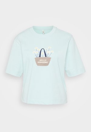 Light blue short-sleeved T-shirt featuring embroidered basket design with flowers and the text "HELLO SUNSHINE." Cotton material, relaxed fit.