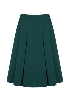 Spódnica w kształcie litery A w kolorze morskim, o gładkiej fakturze, z paskiem w talii i plisami. Posiada zamek na plecach oraz ozdobne wykończenie na krawędzi.