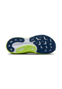 Suola della scarpa in blu, bianco e verde neon; presenta una gomma testurizzata per offrire grip, con un motivo unico e il dettaglio del logo al centro.