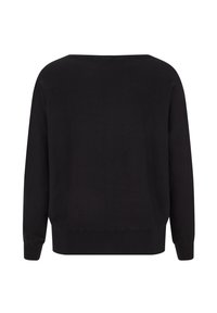 Černá mikina s kulatým výstřihem, dlouhými rukávy, žebrovanými manžetami a lemem. Hladká textura, jednoduchý design bez viditelných vzorů nebo ozdob.