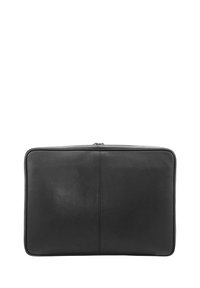 Schwarze Leder-Laptoptasche, rechteckige Form, glatte Oberfläche, obere Reißverschlussöffnung, minimale Nähte, mit diskretem Stichdetail.