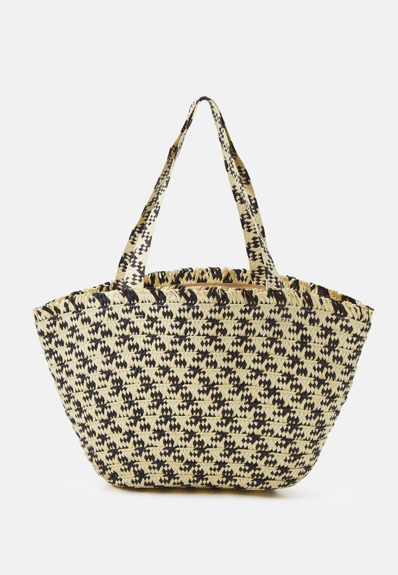 Sac cabas en paille tissée avec un motif en losanges noirs et deux bretelles, design spacieux à ouverture supérieure.
