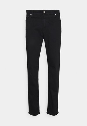 Jean noir slim avec fermeture à boutons et glissière, poches avant et arrière, présenté sur un fond blanc uni.