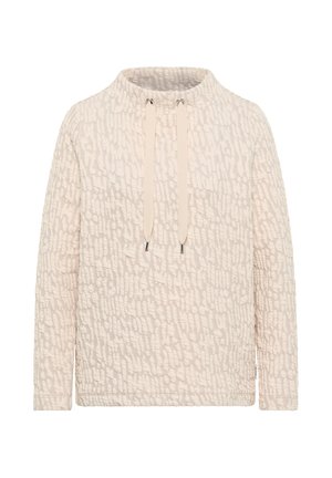 Beige trui met gestructureerd oppervlak, hoge kraag en verstelbare trekkoorden. Heeft subtiele patronen en een ontwerp met een ontspannen pasvorm.