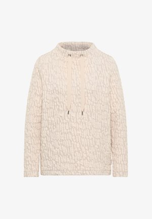 Beige trui met gestructureerd oppervlak, hoge kraag en verstelbare trekkoorden. Heeft subtiele patronen en een ontwerp met een ontspannen pasvorm.