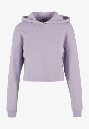 Hoodie cropped w kolorze jasnego lawendowego, z kapturem na sznurek, długimi rękawami i ściągaczami. Materiał wydaje się miękki i wygodny.