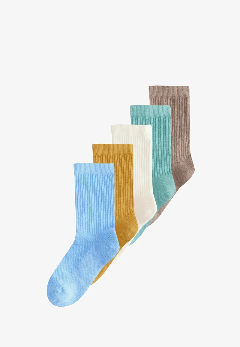 Five pairs of ribbed crew socks in blue, mustard yellow, white, teal, and brown, arranged overlapping on a white background.