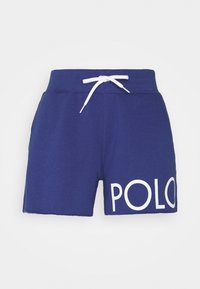 Námořnické modré bavlněné šortky s bílou šňůrkou a velkým nápisem "POLO" na levé straně. Měkká textura, ležérní design.