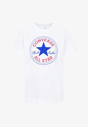 White cotton t-shirt featuring a large blue star logo with red text "Converse" and "All Star," surrounded by a blue outline and dotted border.