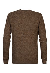 Bruine gebreide trui met een gestructureerd patroon, lange mouwen en een ronde hals. Gemaakt van een zacht materiaal met een comfortabele pasvorm.