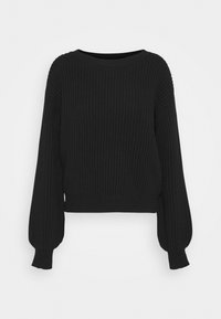 Schwarzer, verkürzter Pullover mit geripptem Textur, weiten Ärmeln und rundem Halsausschnitt. Weicher Stoff mit enganliegender Passform und elastischen Ärmelbündchen.