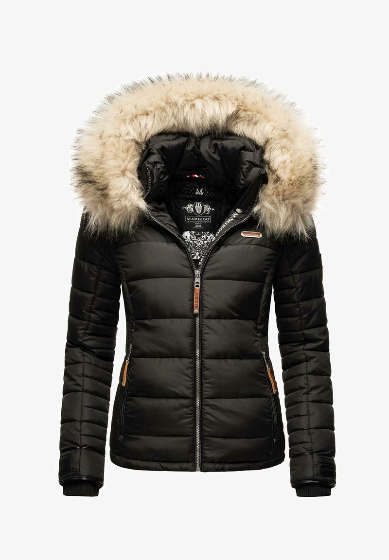Black puffer jacket featuring a detachable beige faux fur hood, zippered front, two side pockets with orange accents, and quilted design.