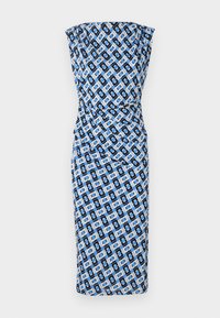 Rochie ajustată, fără bretele, cu un model geometic în culorile negru, albastru și alb. Material neted cu un design plisat la talie. Croi până la genunchi.