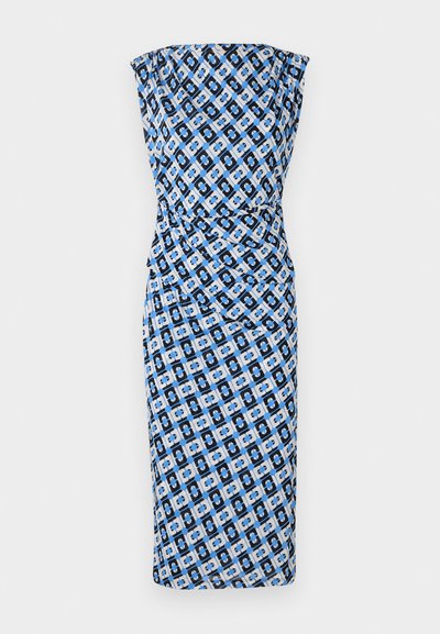 Dopasowana, bez ramiączek sukienka w czarno-niebiesko-białym geometrycznym wzorze. Gładka tkanina z marszczonym designem w talii. Sukienka o długości do kolan.