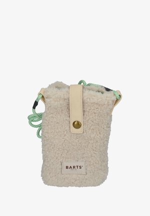 Cream-colored fleece pouch with a drawstring closure, leather strap attachment, and green accent cords. Features a logo patch at the base.
