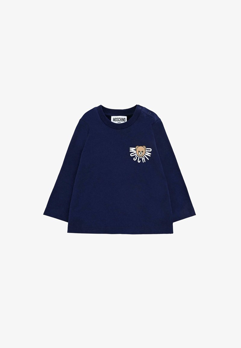 Granatowa koszulka z długim rękawem wykonana z bawełny, z grafiką niedźwiedzia oraz napisem "MOSCHINO" w kolorze białym. Zapięcia na ramionach ułatwiają zakładanie.