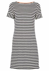 Gestreiftes Kleid mit navyblauen und weißen horizontalen Streifen, kurzen Ärmeln mit einem dezenten Volant und einem orangen Saum am Ausschnitt.