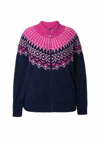 Maglione con zip in maglia caratterizzato da un gradiente di colori rosa e blu navy, motivi geometrici, polsini a costine e design con collo alto.