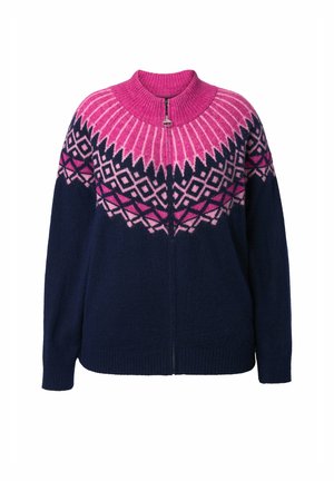 Knit zip-up sweater featuring a pink and navy color gradient, geometric patterns, ribbed cuffs, and a high collar design.