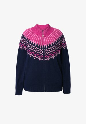 Knit zip-up sweater featuring a pink and navy color gradient, geometric patterns, ribbed cuffs, and a high collar design.