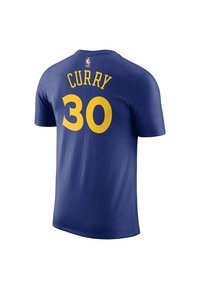 Camiseta de algodón de manga corta en color azul, con "CURRY" y el número "30" en amarillo en la parte posterior, con el logo de la NBA arriba.