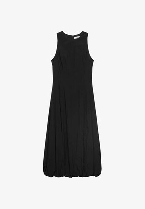 Mustaton ilman hihoja mekko, jossa on muotoiltu yläosa ja levenevä, ryppyinen hame. Kangas näyttää sileältä, jossa on hienovarainen rakenne; vetoketjukiinnitys selässä.