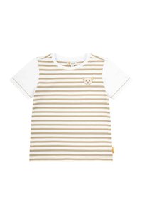 Camiseta de manga corta con un patrón de rayas en beige y blanco. Presenta un aplique de cara de oso en el pecho y una etiqueta amarilla en el lateral.