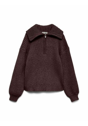 Pohjaväriltään tummanruskea neulottu vetoketjullinen neulepaita, jossa on resoroitu kaulus ja runko, leveät hihat sekä lyhyt leikkaus. Koko vaatteen pinnassa on tekstuuri.