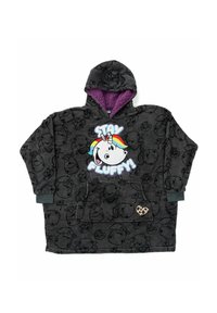 Poncho grigio in pile con cappuccio e fodera viola, caratterizzato da una grafica di unicorno e il testo “STAY FLUFFY!”. Include una tasca frontale e un accento a forma di cuore.
