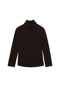 Suéter de cuello alto marrón oscuro, tejido de punto, con cuello y dobladillo acanalados, corte relajado, mangas largas con costuras raglán, ligeramente más largo en la parte posterior.