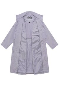 Svetlofialový dlhý dáždnikový kabát s otvoreným predkom odhaľujúcim hladkú vnútornú podšívku, zapínaný na zips a patentky, s označenou štítkou vo vnútri goliera.