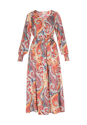 Abito maxi a maniche lunghe in un vivace motivo paisley con tonalità di rosso, blu e arancione, con vita cinchata e polsini arricciati.