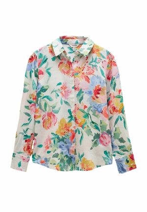 Weißes, langärmliges Hemd mit Knöpfen und mehrfarbigem Blumenmuster in Grün, Pink, Rot, Gelb und Blau, mit klassischem Kragen und Manschetten.