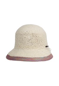 Crocheted straw bucket hat in natural color with a multicolored woven band. Features a rounded top and wide brim, accented with a drawstring.