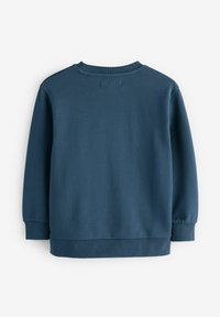 Sudadera de color azul marino con cuello redondo, puños y dobladillo acanalados, y tejido suave y elástico. La parte trasera es lisa, sin patrones ni acentos.