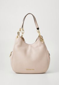 Light beige leather handbag with a slouchy design, dual top handles, gold-tone hardware, and a prominent logo on the front.