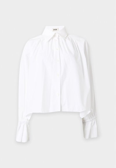 Blouse blanche à manches longues avec poignets froncés, boutons sur le devant, col pointu et coupe ample, présentée sur un fond uni.