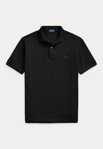 Must meeste lühikeste varrukatega polo, kraega, kahe nupuga nööbiliist ja väike punane tikandiga Polo Ralph Lauren logo vasakul rinnal.
